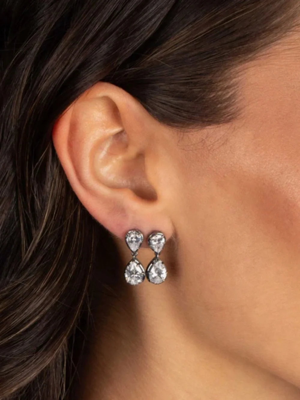 Adina Eden Silver Double Pear CZ Drop Stud Earrings NEW - Picture 2 of 2